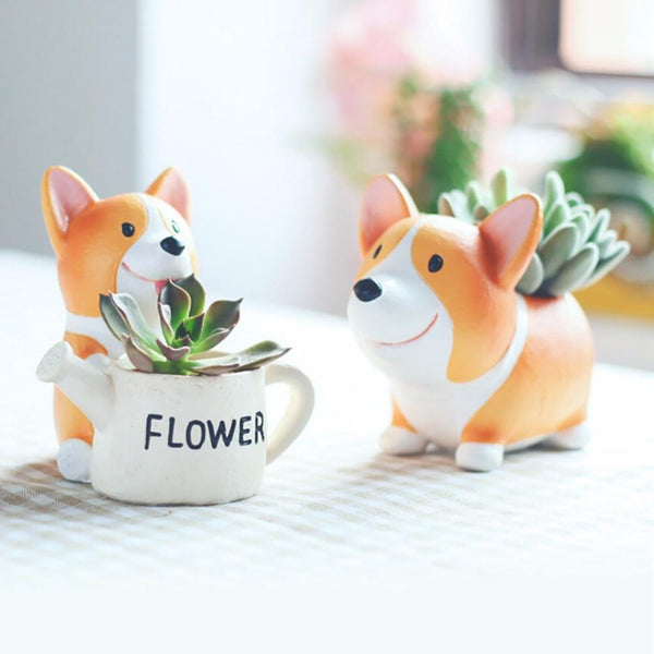 Small Resin Corgi Succulent Flower Pot Mini Desktop Plant Holder Baskets Pots Window Boxes