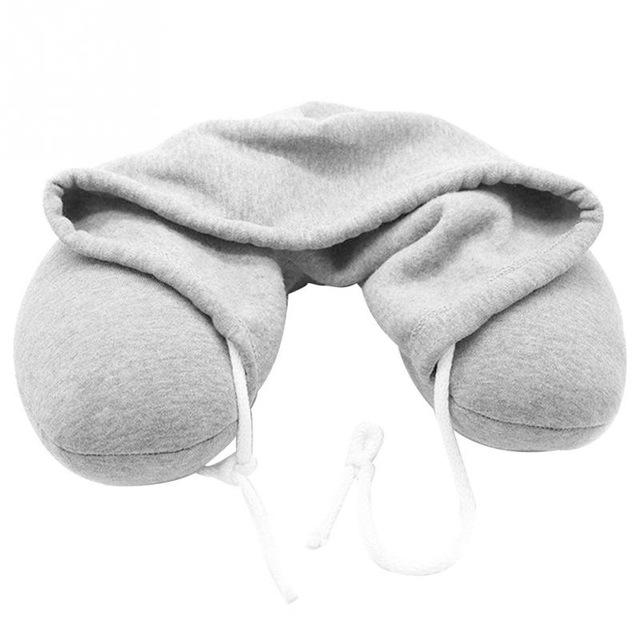Grey U Shaped Neck Pillow With Drawstring Hood Pillows