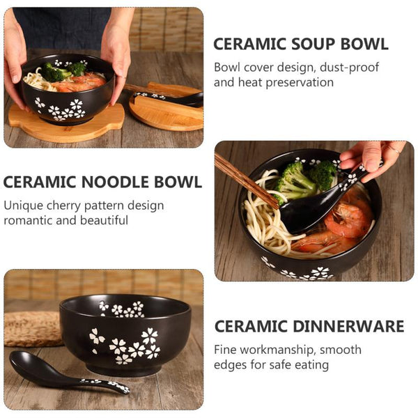 Ceramic Noodle Rice Bowl With Cover Japanese Style Soup Dinnerware Tableware Bowls