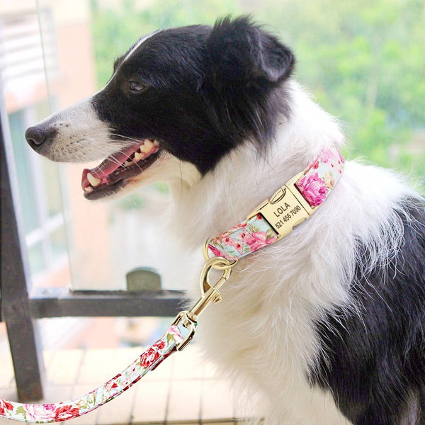 Handmade Personalized Floral Nylon Printed Dog Collar Leash Sets Leads & Head Collars