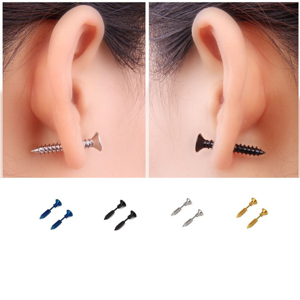 Earrings 4 Pairs Stainless Steel Women's Men's Screw Stud Pierced Tunnel