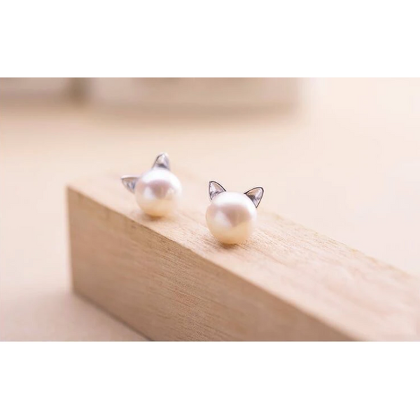 Earrings Cute Cat Freshwater Cultured Pearl Sterling Silver Stud