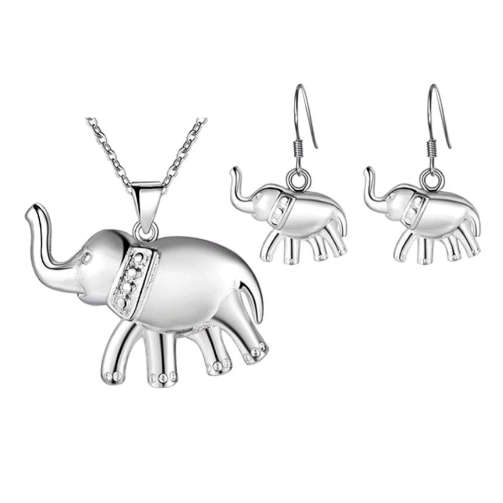 Veile Studios Elephant Silver Plated Good Luck Necklace Jewellery Set Earrings