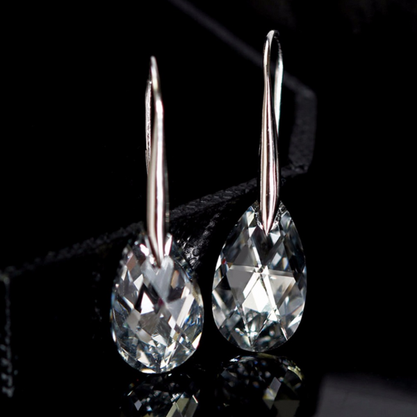 Earrings Water Drop Sterling Silver 925 With Austrian Crystal Clear Teardrop Pierced