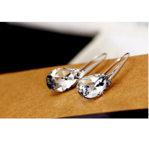 Earrings Water Drop Sterling Silver 925 With Austrian Crystal Clear Teardrop Pierced