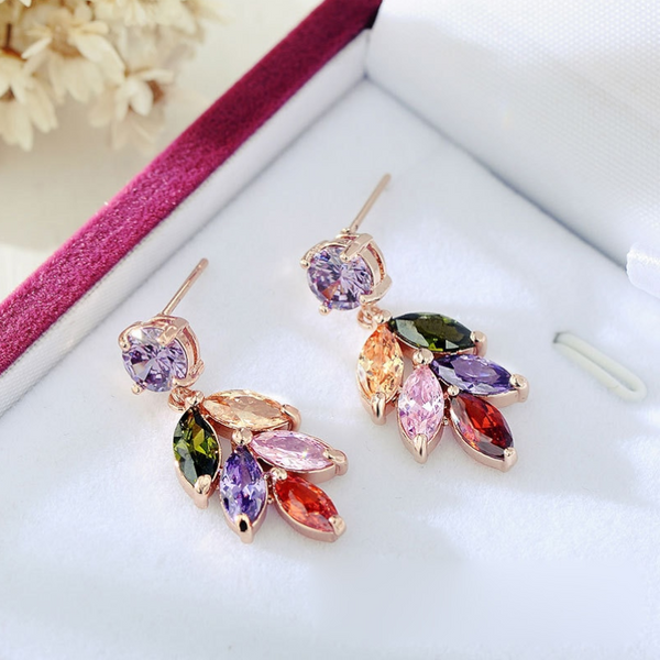 Earrings Women Gold Plated Colourful Leaf Shape Cubic Zirconia Leave