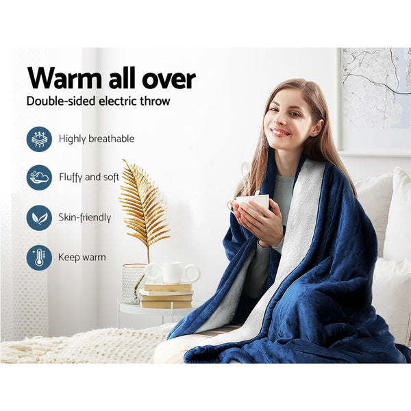 Giselle Electric Throw Rug Heated Blanket Washable Snuggle Flannel Winter Navy