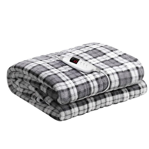 Giselle Electric Throw Rug Flannel Snuggle Blanket Washable Heated Grey And White Checkered Electric Blankets