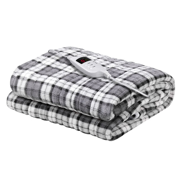Giselle Electric Throw Rug Flannel Snuggle Blanket Washable Heated Grey And White Checkered Electric Blankets