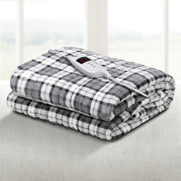 Giselle Electric Throw Rug Flannel Snuggle Blanket Washable Heated Grey And White Checkered Electric Blankets