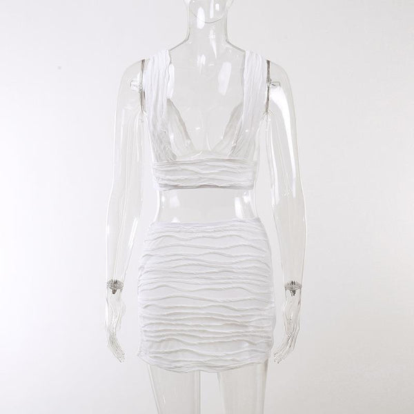 White Pleated Mini Skirt Crop Top Set Women Outfits & Sets