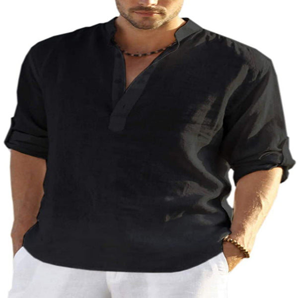 Men's Casual Cotton Linen Solid Color Long Sleeve Shirt Loose Stand Collar Casual Shirts