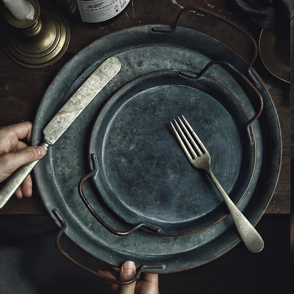 Retro Metal Plate With Handles Decorative Bread Tray Trays