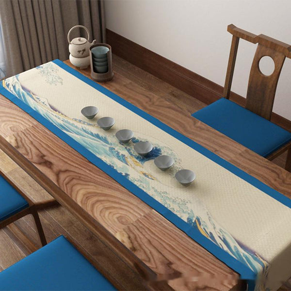 Modern Coastal Blue Wave Dining Table Runner Decor Table Runners