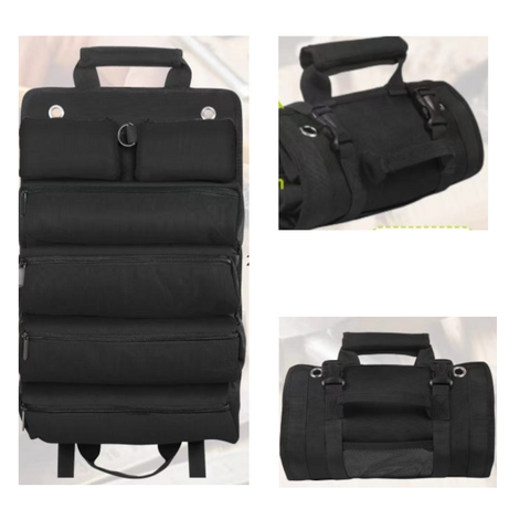 Black Heavy Duty Roll Up Tool Bag Organizer Waterproof 1200D Fabric With 6 Pockets & Detachable Pouches Hand Tool Accessories