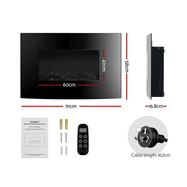 Devanti 2000W Wall Mounted Electric Fireplace Log Wood Heater Realistic Flame Electric Fireplaces