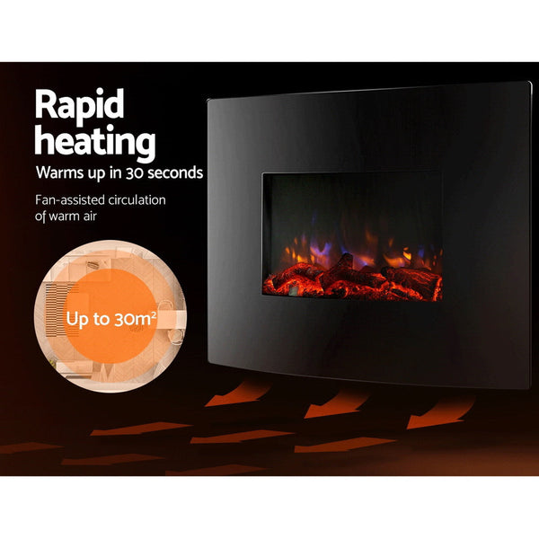 Devanti 2000W Wall Mounted Electric Fireplace Log Wood Heater Realistic Flame