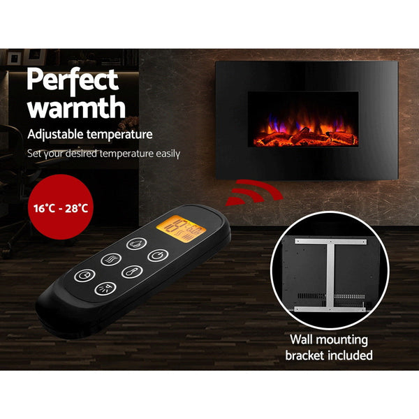 Devanti 2000W Wall Mounted Electric Fireplace Log Wood Heater Realistic Flame Electric Fireplaces