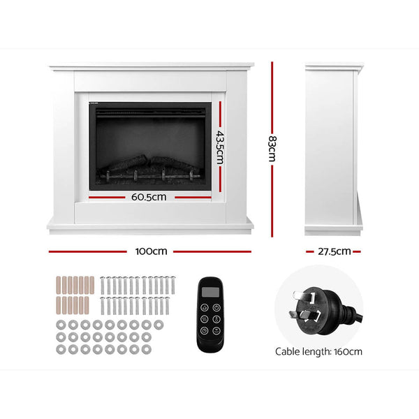 Devanti 2000W Electric Fireplace Mantle Portable Log Wood Heater 3D Flame Effect White Electric Fireplaces