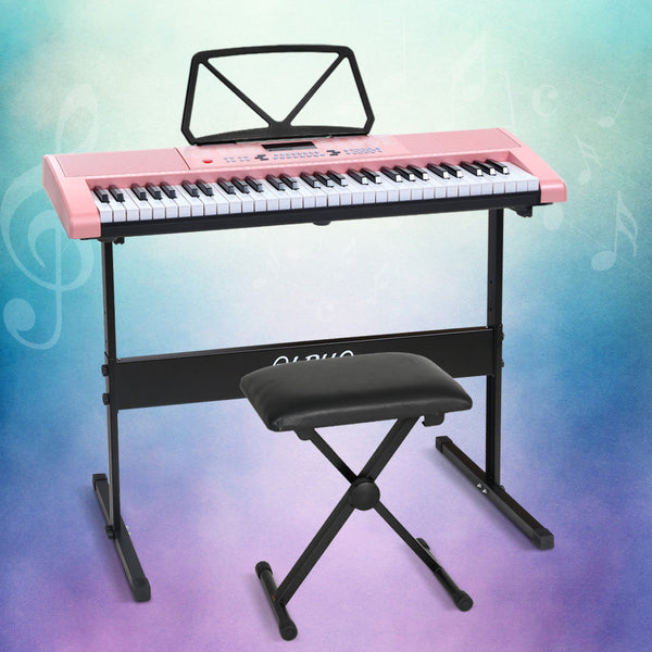 Alpha 61 Keys Electronic Piano Keyboard Digital Electric W/ Stand Stool Pink Electronic Keyboards