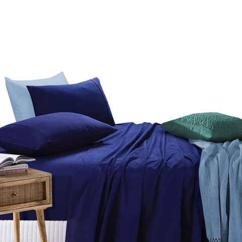 Elan Linen 100% Egyptian Cotton Vintage Washed 500Tc Navy Blue Single Bed Sheets Set