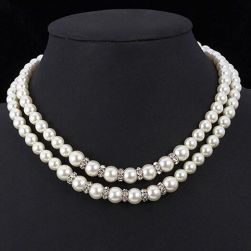 Veile Studios Elegant Rhinestone Two Layered Faux Pearl Necklace For Women White Necklaces & Pendants