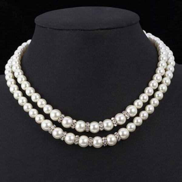 Veile Studios Elegant Rhinestone Two Layered Faux Pearl Necklace For Women White Necklaces & Pendants