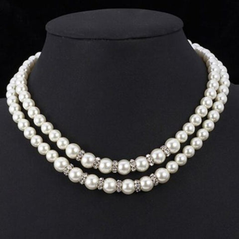 Veile Studios Elegant Rhinestone Two Layered Faux Pearl Necklace For Women White Necklaces & Pendants