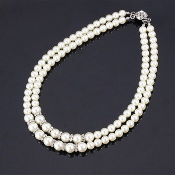 Veile Studios Elegant Rhinestone Two Layered Faux Pearl Necklace For Women White Necklaces & Pendants