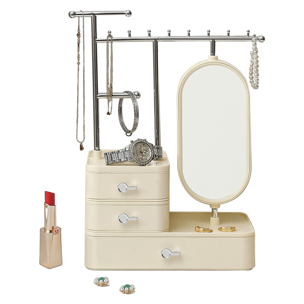 Elegant Cream Color Jewelry Organizer With Mirror Multi Layer Stand (25X15x37.5Cm) Storage & Display