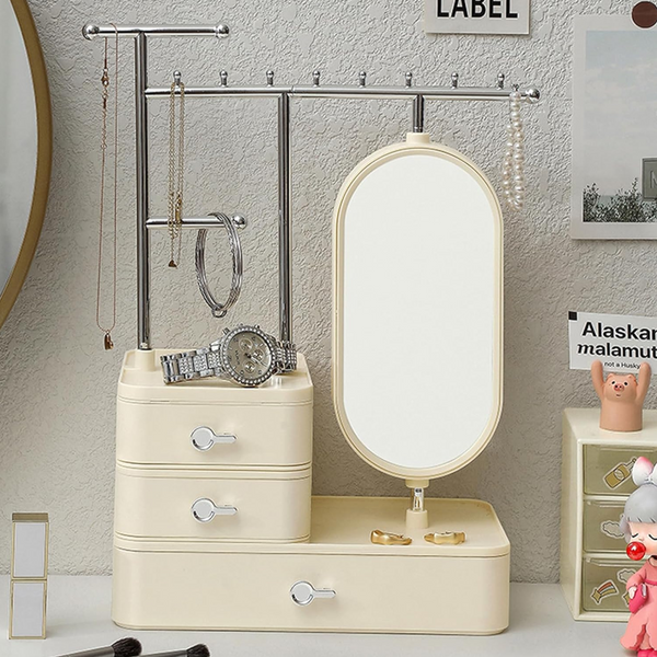 Elegant Cream Color Jewelry Organizer With Mirror Multi Layer Stand (25X15x37.5Cm) Storage & Display