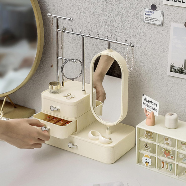 Elegant Cream Color Jewelry Organizer With Mirror Multi Layer Stand (25X15x37.5Cm) Storage & Display