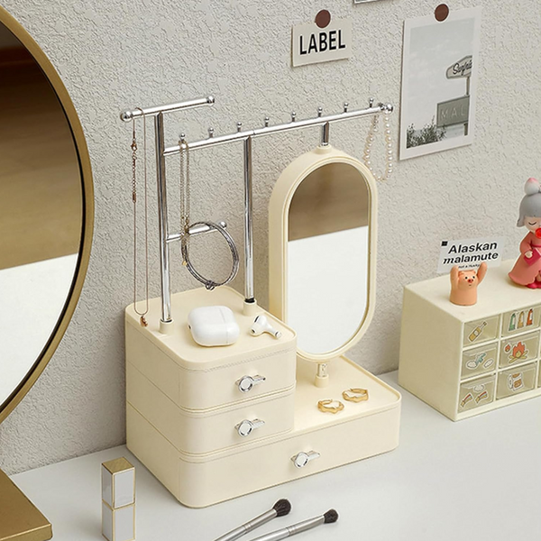 Elegant Cream Color Jewelry Organizer With Mirror Multi Layer Stand (25X15x37.5Cm) Storage & Display