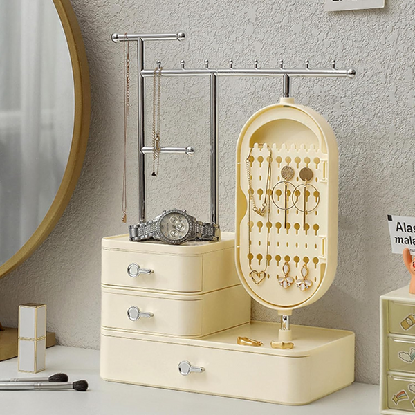 Elegant Cream Color Jewelry Organizer With Mirror Multi Layer Stand (25X15x37.5Cm) Storage & Display