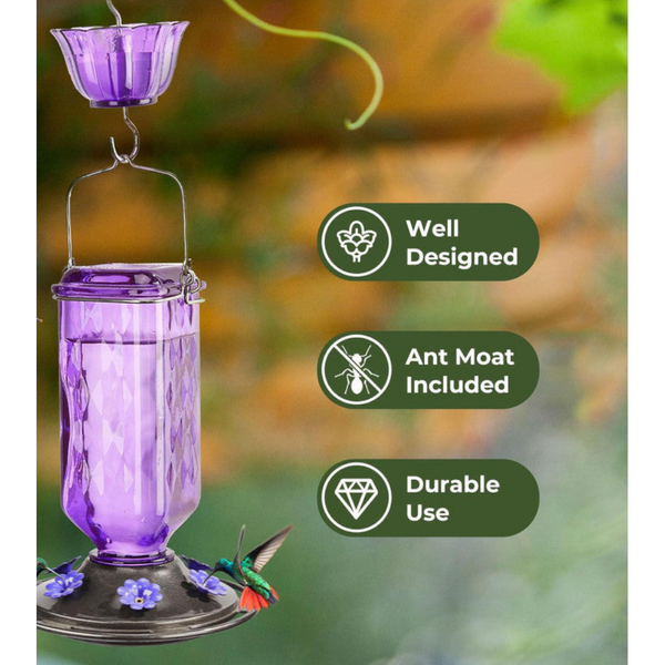 Elegant Hanging Hummingbird Feeder Decorative Glass Nectar Bottle With Ant Moat 6 Feeding Ports(Blue) Feeders
