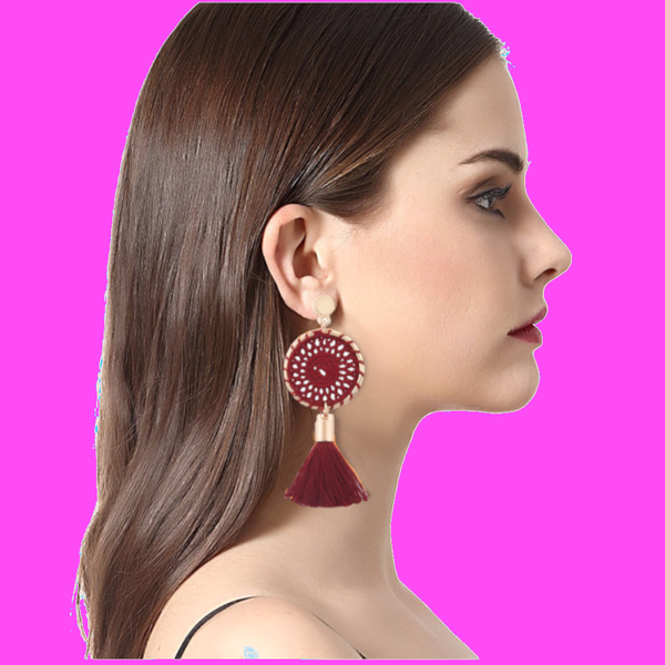 Veile Studios Elegant Paisley Inspired Embroidery Long Tassel Earrings
