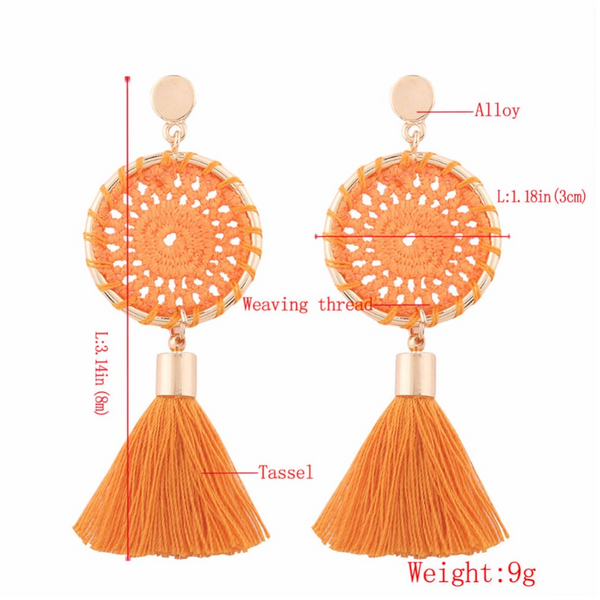 Veile Studios Elegant Paisley Inspired Embroidery Long Tassel Earrings