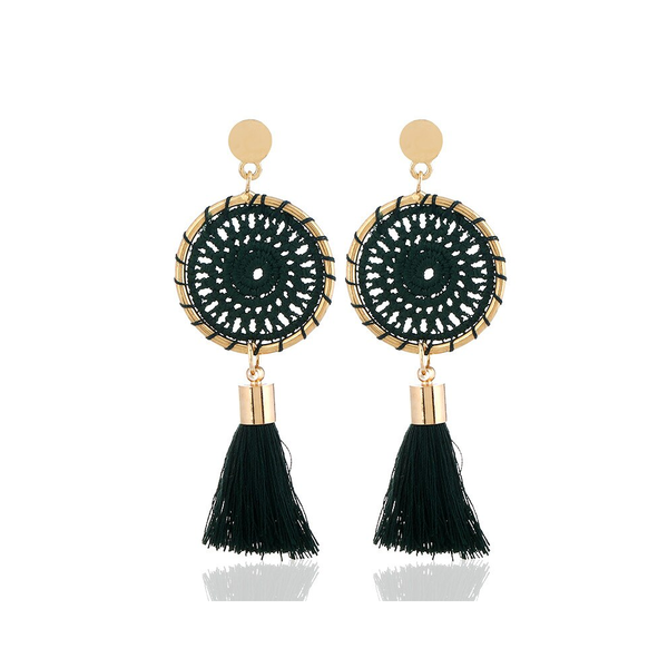 Veile Studios Elegant Paisley Inspired Embroidery Long Tassel Earrings