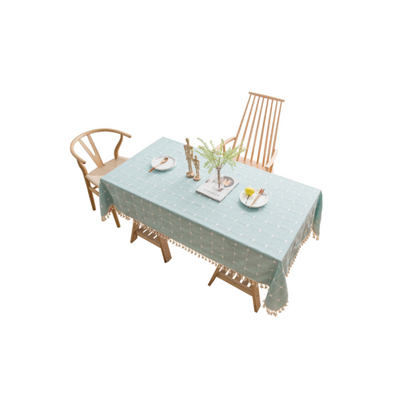 Embroidery Lattice Tassel Tablecloth Cotton Linen Washable Cover Green Table Cloths