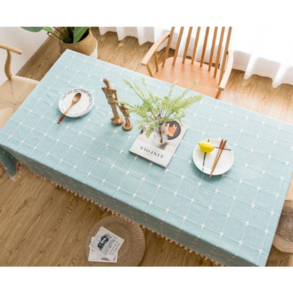 Embroidery Lattice Tassel Tablecloth Cotton Linen Washable Cover Green Table Cloths