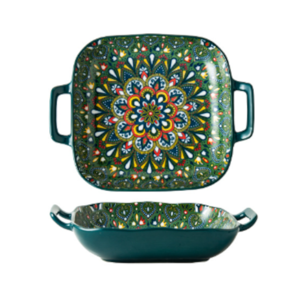 Emerald Plume 9 Inch Bohemian Ceramic Double Handled Square Plate Decorative Plates & Bowls