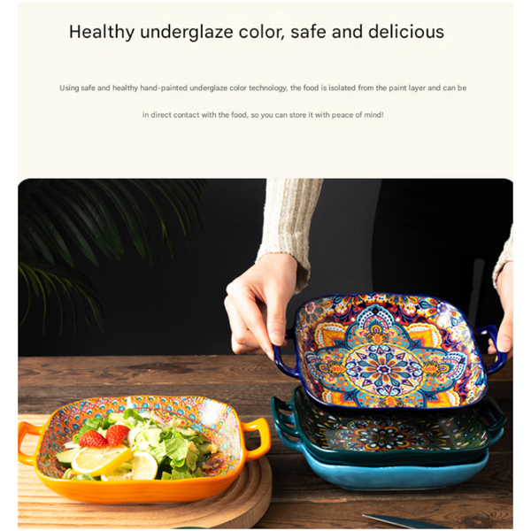 Emerald Plume 9 Inch Bohemian Ceramic Double Handled Square Plate Decorative Plates & Bowls