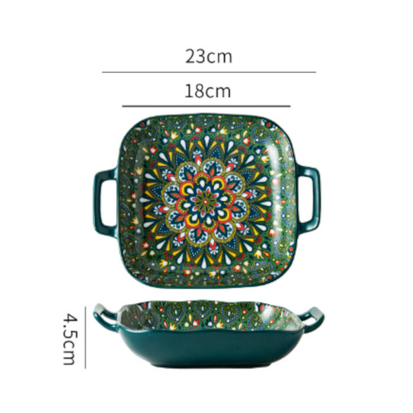 Emerald Plume 9 Inch Bohemian Ceramic Double Handled Square Plate Decorative Plates & Bowls
