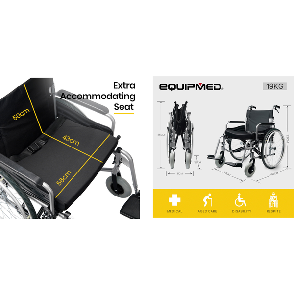 Equipmed Extra Wide Folding Wheelchair Aluminium Frame 150Kg Capacity 24 Inch Wheels Park Brakes Black Wheelchairs