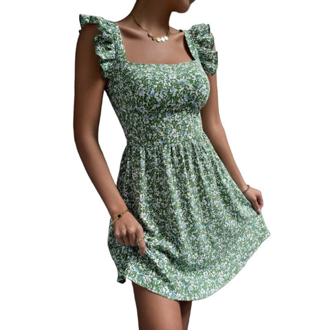 Summer Square Neck Ruffled Sleeveless Dress Bow Tie Backless Design Womens Clothing Dresses
