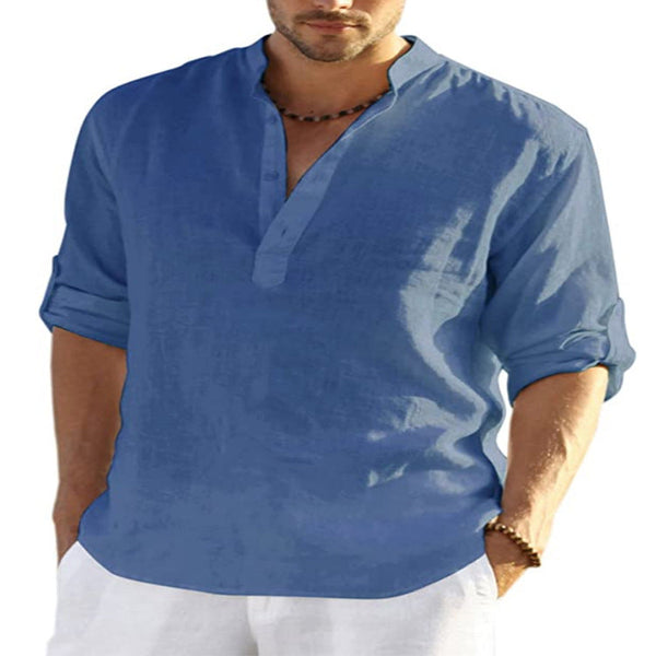 Men's Casual Cotton Linen Solid Color Long Sleeve Shirt Loose Stand Collar Casual Shirts