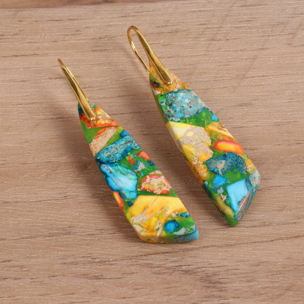 Veile Studios Geometric Flower Shape Pendant Copper Material Gold Hook Red Green Earrings