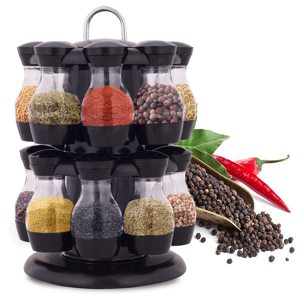 16 Jar Black Rotating Spice Rack Carousel Kitchen Condiments Storage Holder Spice Jars & Racks
