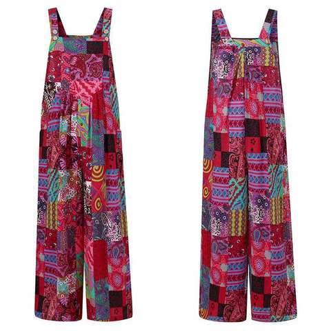 New Women's Ethnic Style Suspender Button Printing Jumpsuit