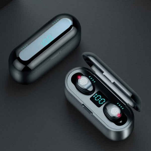 F9 True Wireless Bluetooth 5.0 Earphones Fingerprint Touch Control Led Display Smart With Charging Bin Black Earbuds